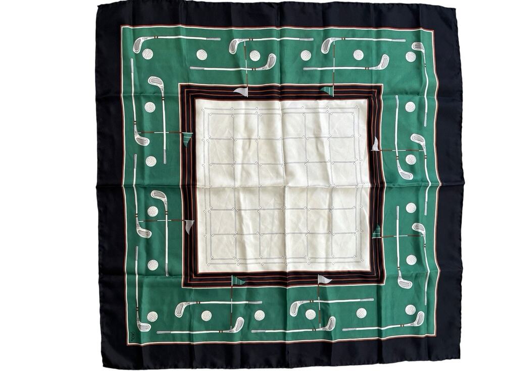 Casca Scarfs Inc. Golf Theme Silk Square Scarf 34" x 34" Hand Rolled Vintage